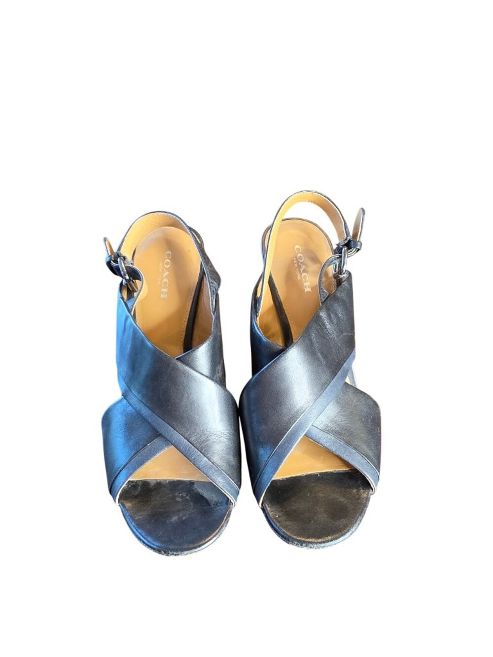 Coach Randy Black and navy Leather Wedge Sandals Crossover Strap Slingback Boho